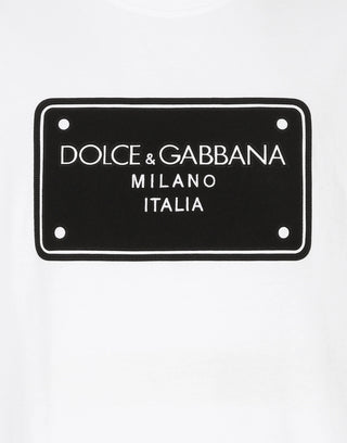 T-shirt DOLCE&GABBANA in cotone con ricamo placca logata in bianco - Moda & Modi Luxury